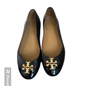 Tory Burch Everly Cap toe Ballet Flats Black Leather Women's Size 10